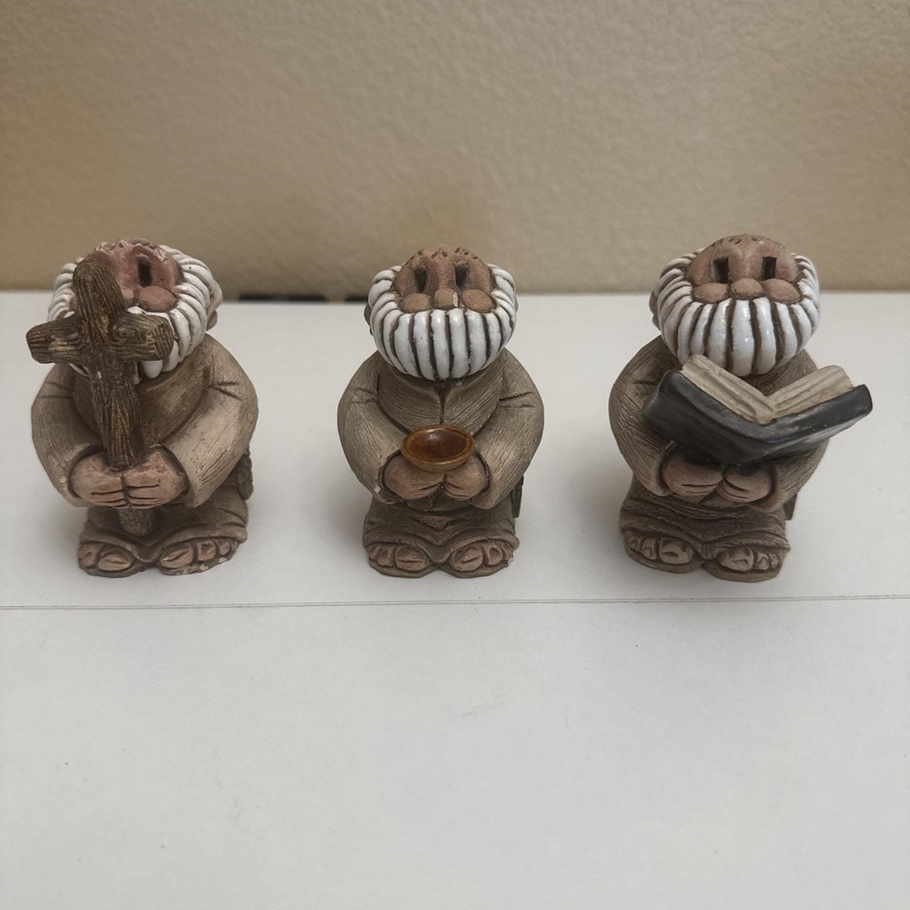 3) Uruguay Studio Pottery Art Priests Monks Book Cross Religious Signed Vintage